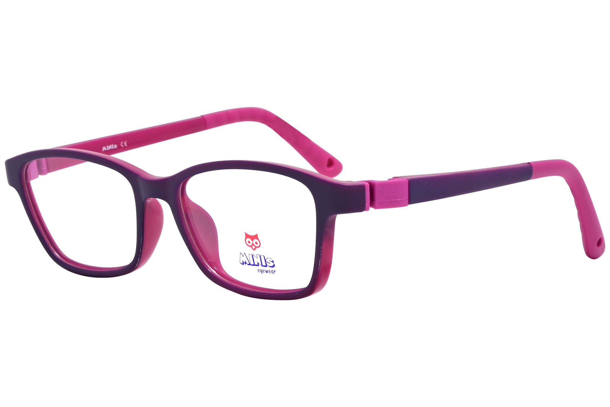 minis eyewear rectangle purple, pink unbreakable eyeglasses frame viewed from a 45-degree angle.