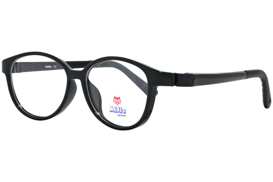 minis eyewear oval black unbreakable eyeglasses frame viewed from a 45-degree angle.