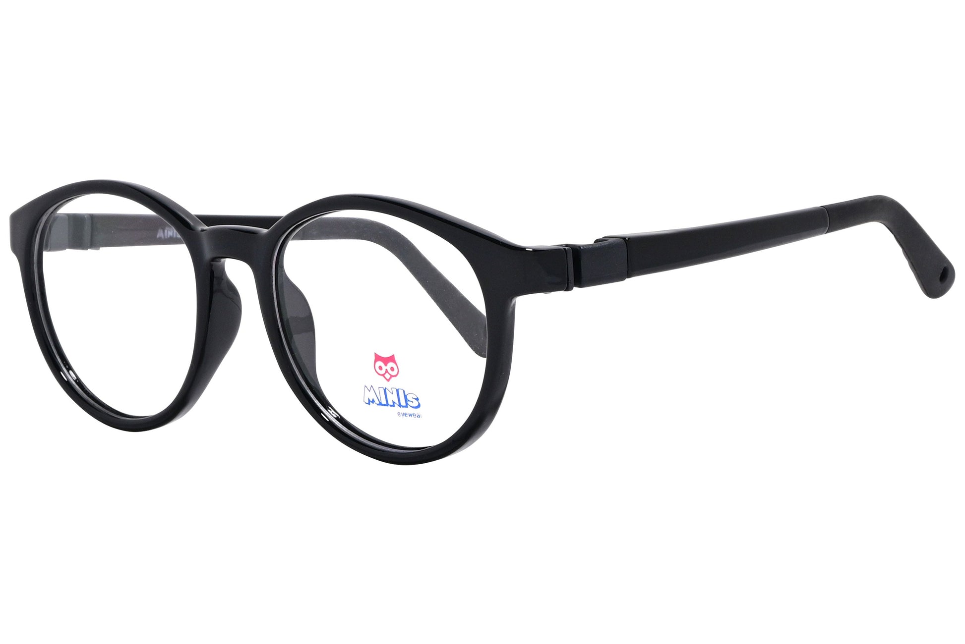 minis eyewear oval black unbreakable eyeglasses frame viewed from a 45-degree angle.