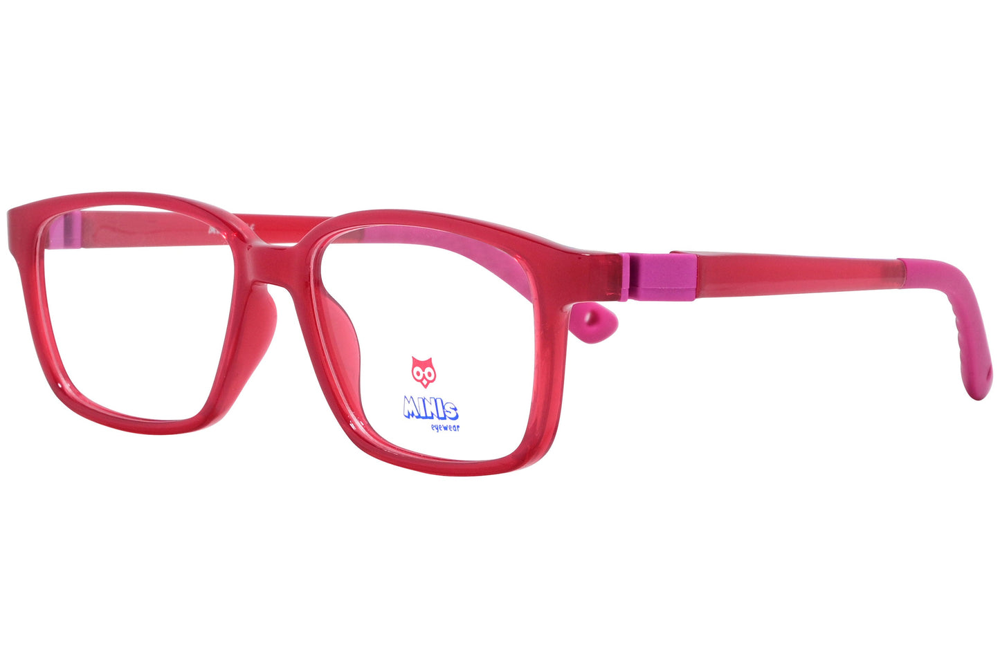 minis eyewear rectangle red unbreakable eyeglasses frame viewed from a 45-degree angle.