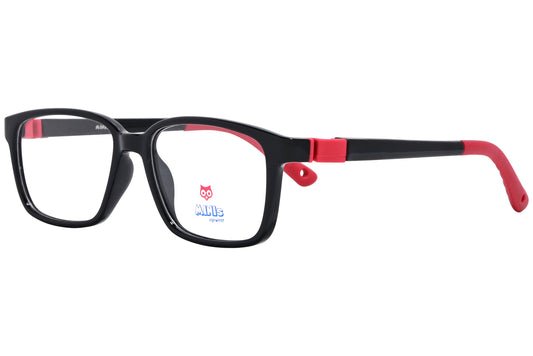 minis eyewear rectangle black, red unbreakable eyeglasses frame viewed from a 45-degree angle.