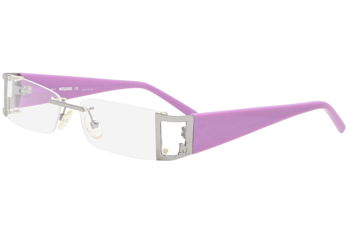 missoni rimless pink eyeglasses frame viewed from a 45-degree angle.