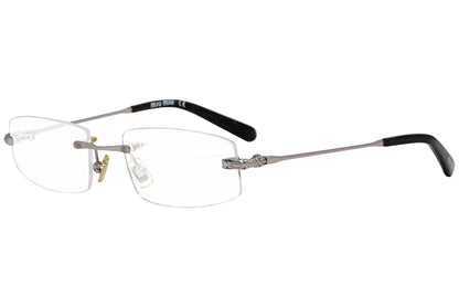 miu miu rimless silver eyeglasses frame viewed from a 45-degree angle.