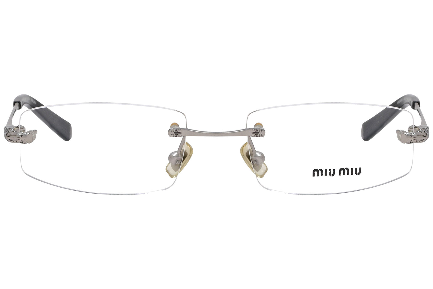 miu miu rimless silver eyeglasses frame viewed from front angle.