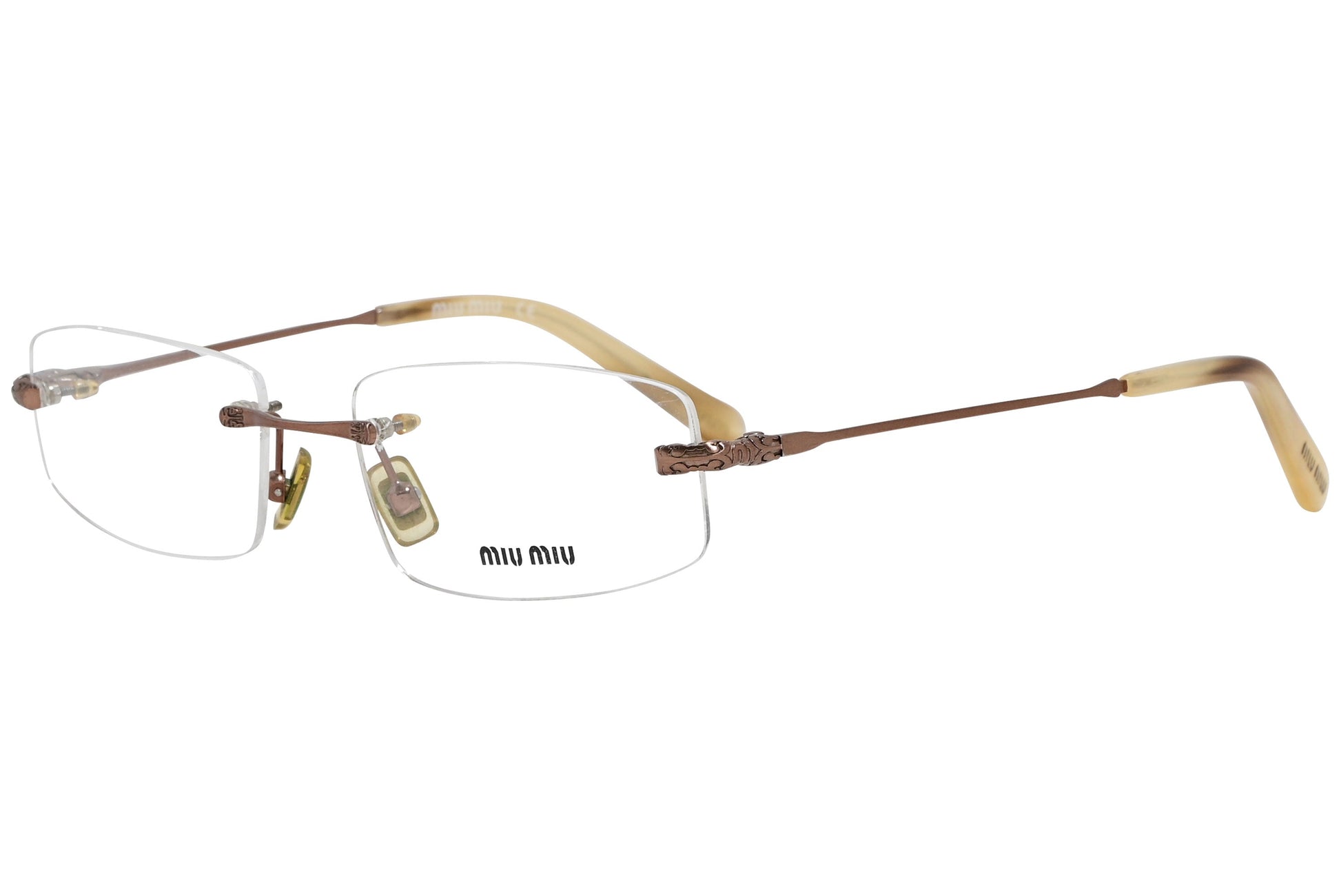 miu miu rimless bronze eyeglasses frame viewed from a 45-degree angle.