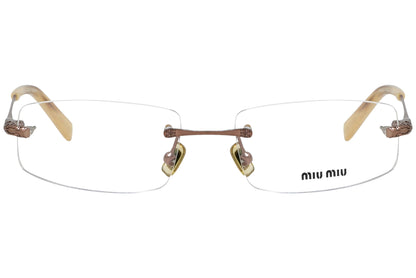 miu miu rimless bronze eyeglasses frame viewed from front angle.