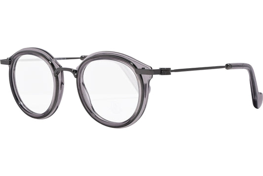 moncler round black eyeglasses frame viewed from a 45-degree angle.