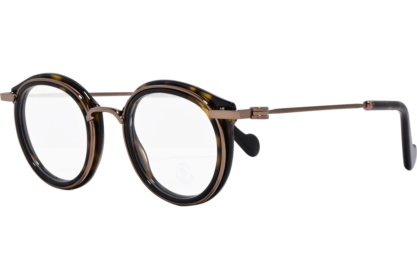 moncler round brown eyeglasses frame viewed from a 45-degree angle.