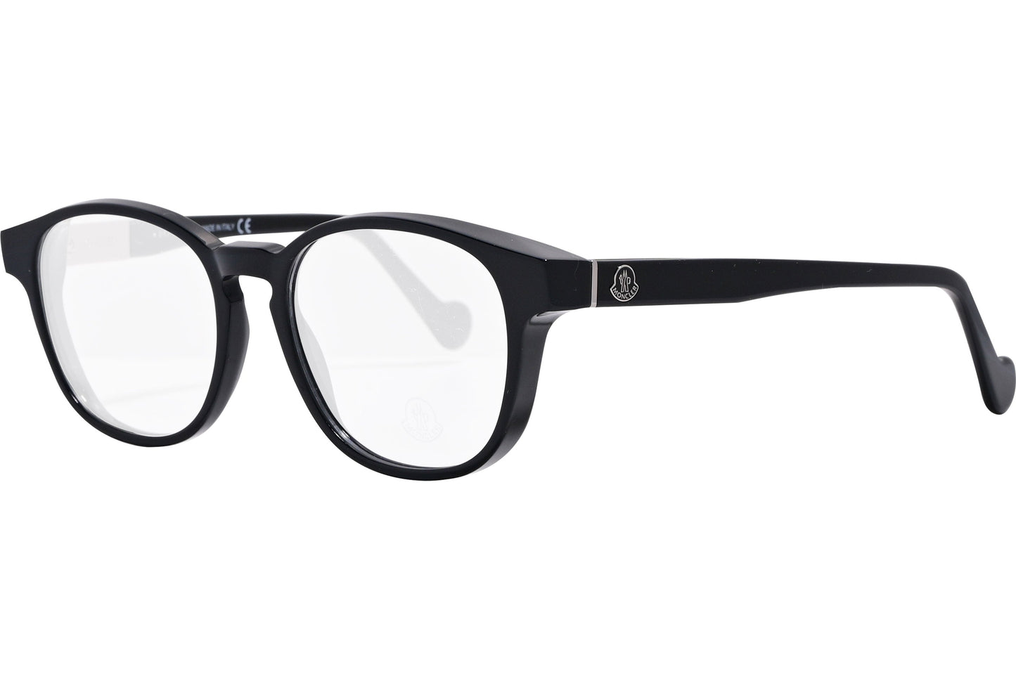 moncler rectangle black eyeglasses frame viewed from a 45-degree angle.