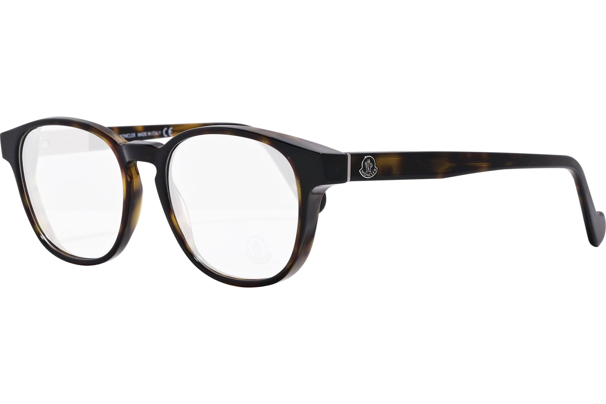 moncler rectangle tortoise eyeglasses frame viewed from a 45-degree angle.