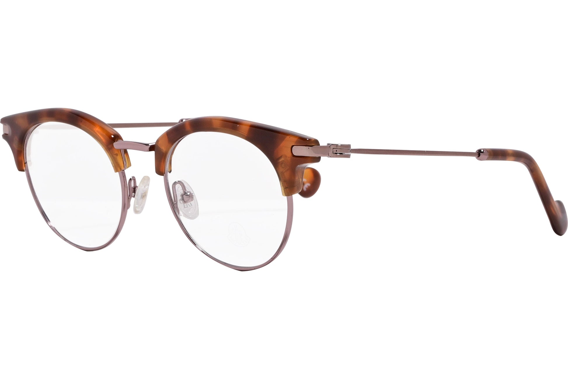 moncler round tortoise eyeglasses frame viewed from a 45-degree angle.