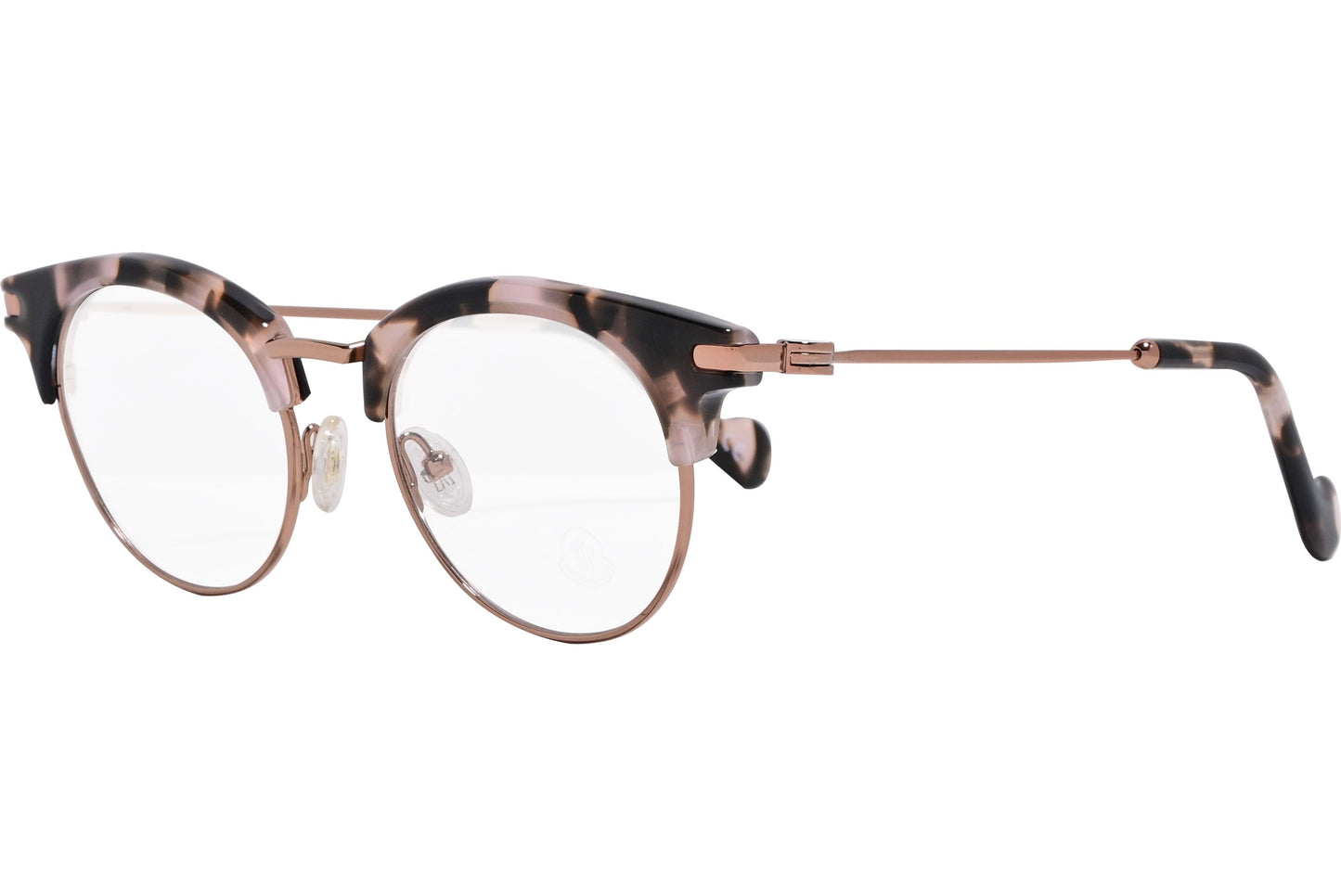 moncler round tortoise eyeglasses frame viewed from a 45-degree angle.