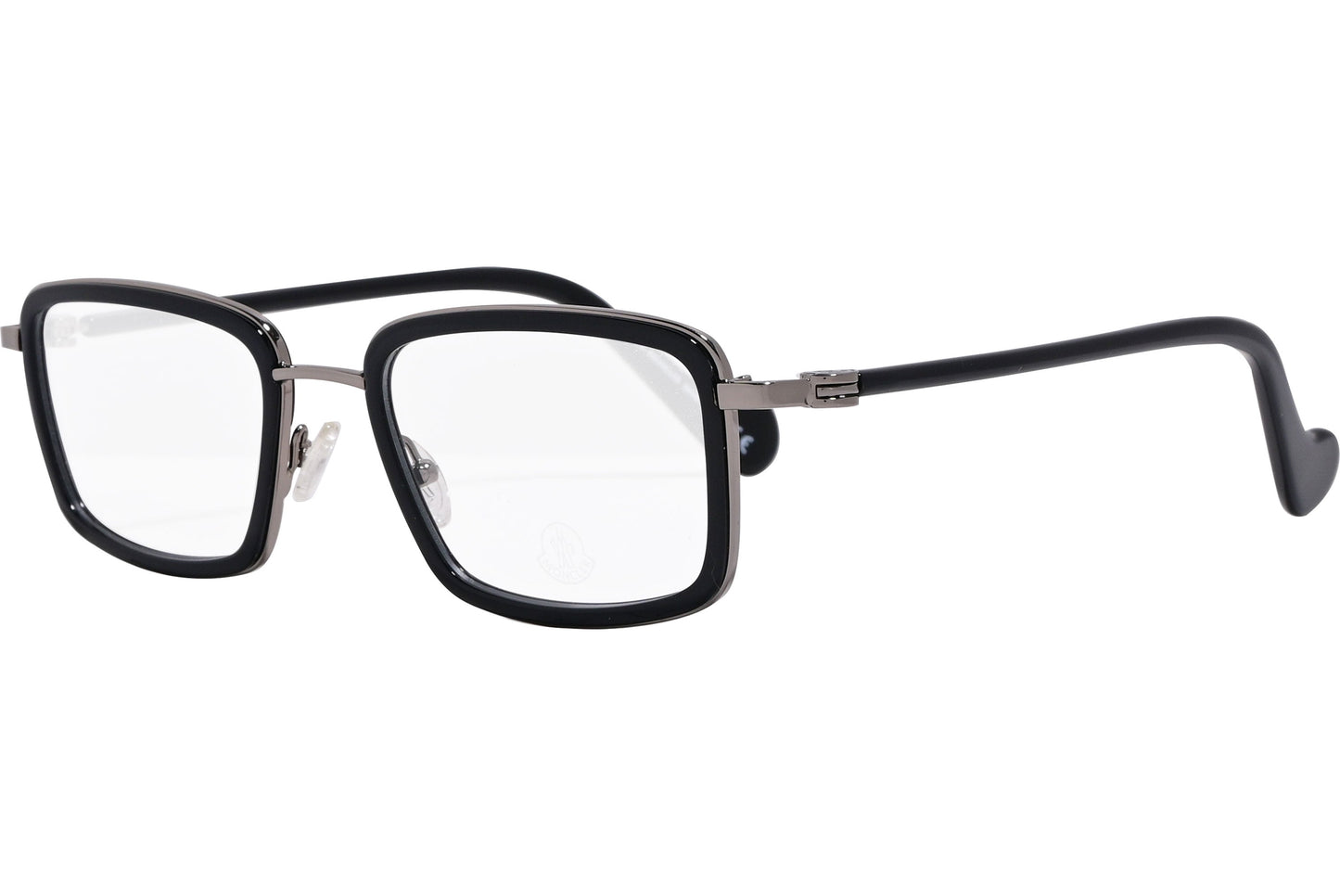 moncler rectangle black eyeglasses frame viewed from a 45-degree angle.