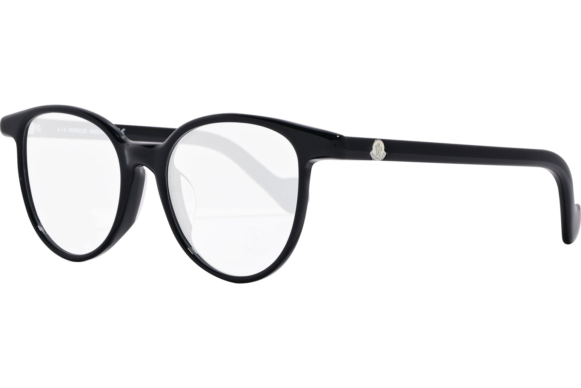 moncler round black eyeglasses frame viewed from a 45-degree angle.