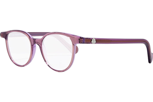 moncler round purple eyeglasses frame viewed from a 45-degree angle.