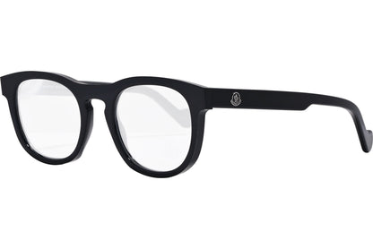 moncler round black eyeglasses frame viewed from a 45-degree angle.