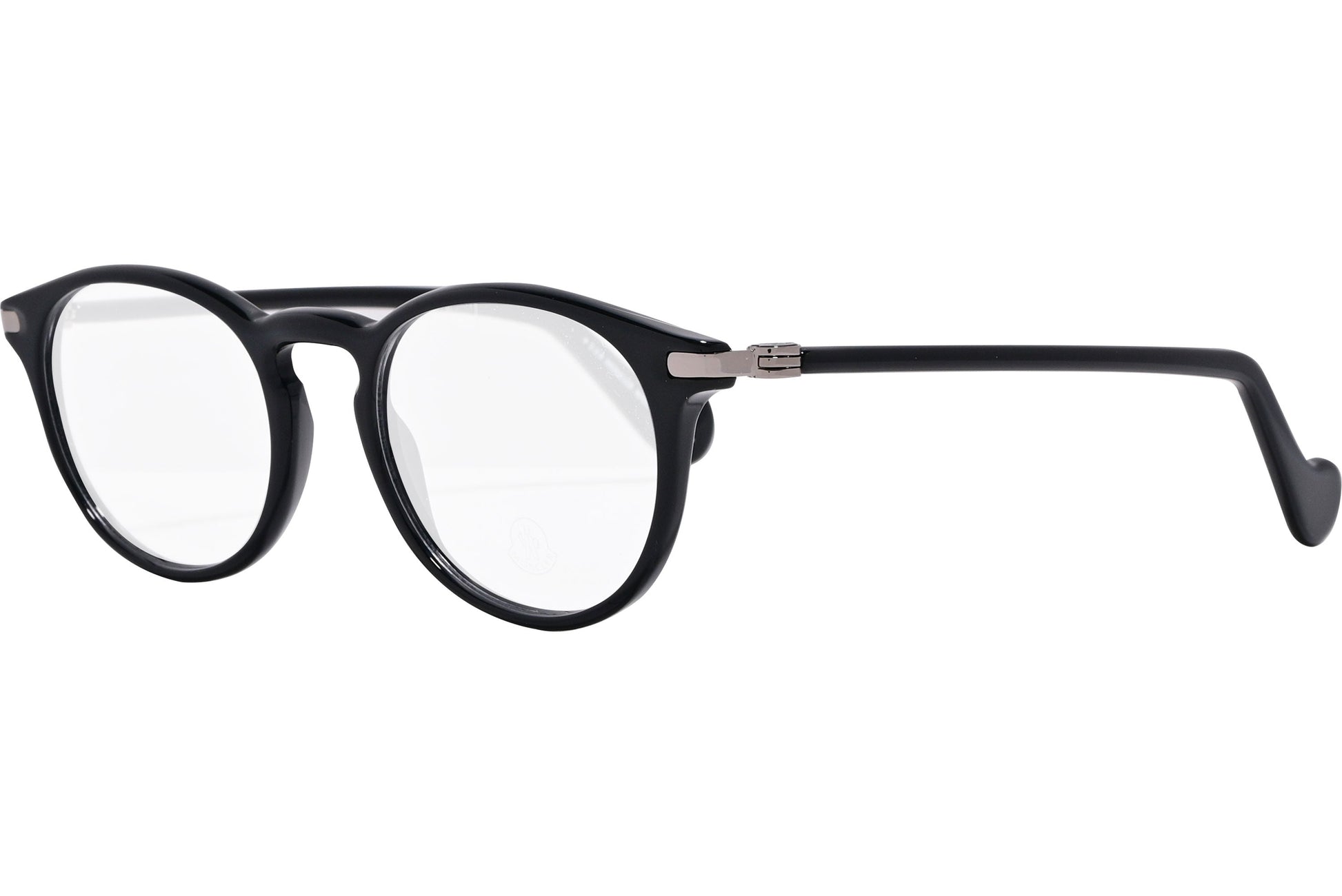 moncler round black eyeglasses frame viewed from a 45-degree angle.