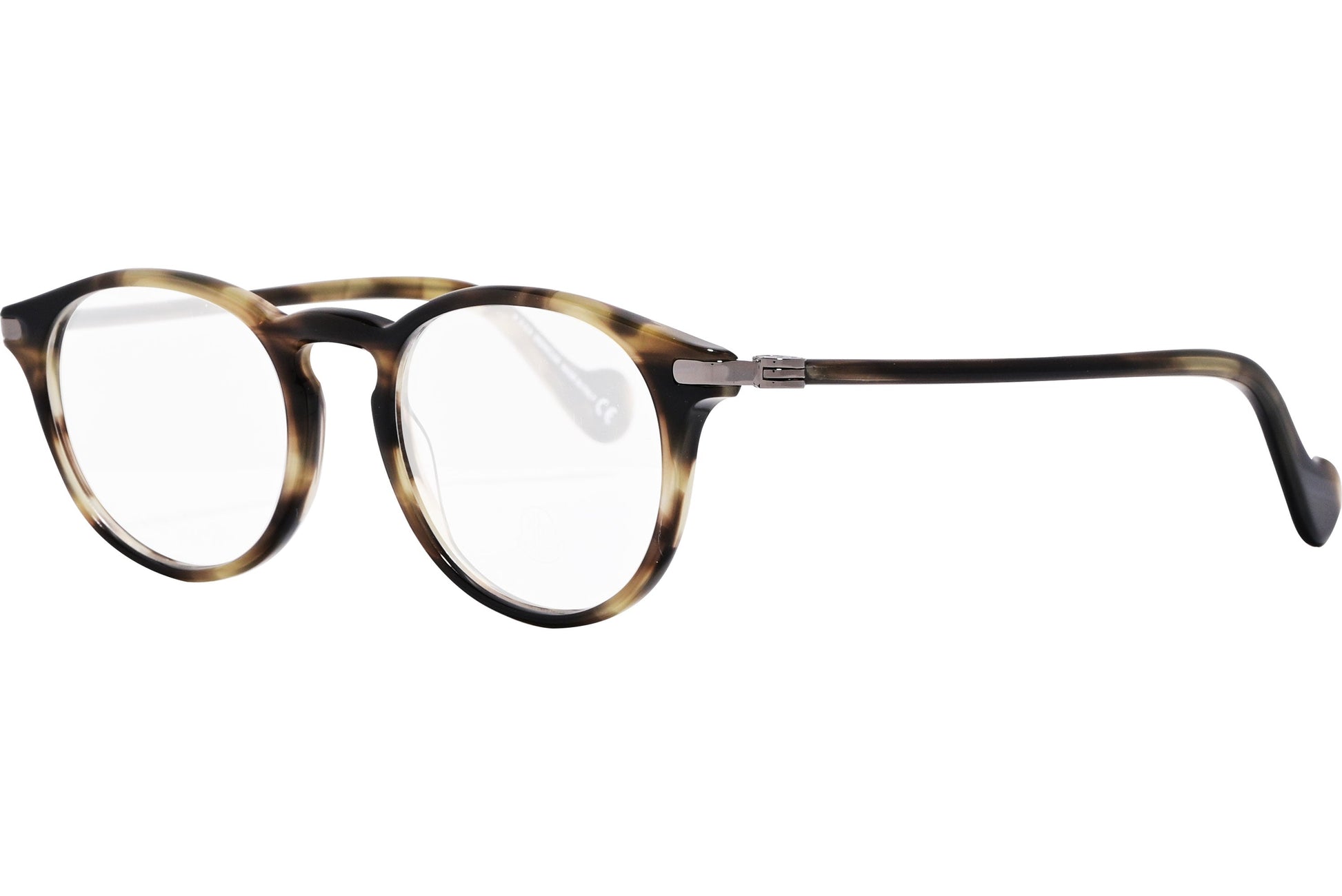 moncler round tortoise eyeglasses frame viewed from a 45-degree angle.