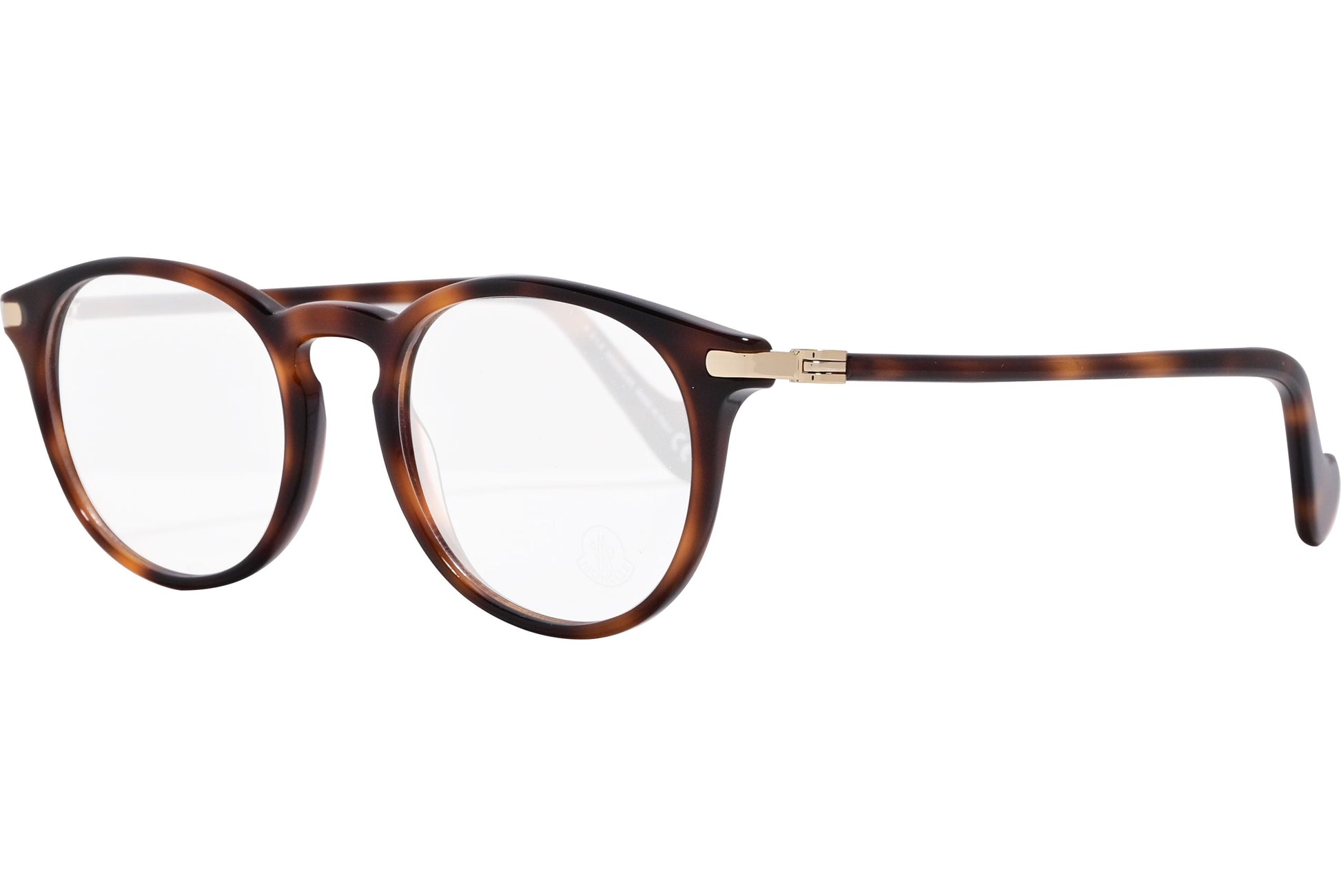 moncler round tortoise eyeglasses frame viewed from a 45-degree angle.