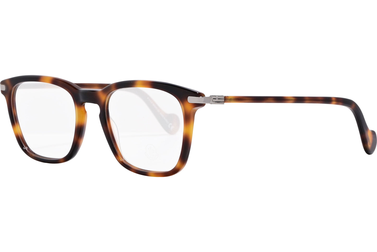 moncler rectangle tortoise eyeglasses frame viewed from a 45-degree angle.