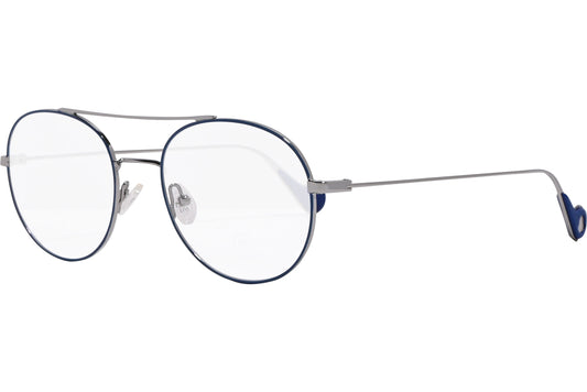 moncler aviator blue eyeglasses frame viewed from a 45-degree angle.