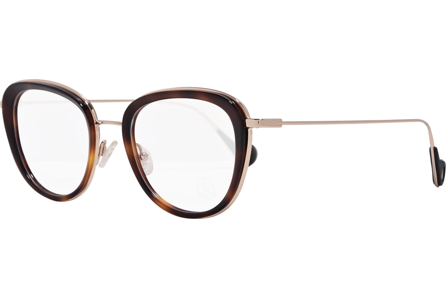 moncler cat-eye tortoise eyeglasses frame viewed from a 45-degree angle.