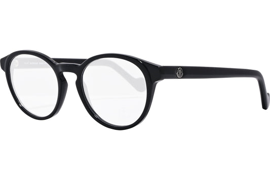 moncler round black eyeglasses frame viewed from a 45-degree angle.