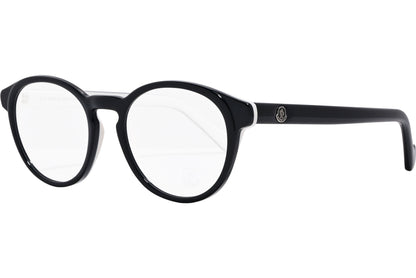 moncler round black eyeglasses frame viewed from a 45-degree angle.