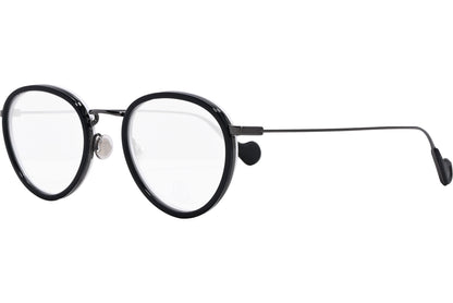 moncler round black eyeglasses frame viewed from a 45-degree angle.