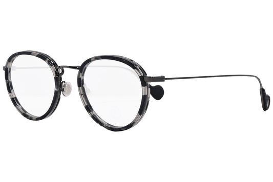 moncler round black eyeglasses frame viewed from a 45-degree angle.