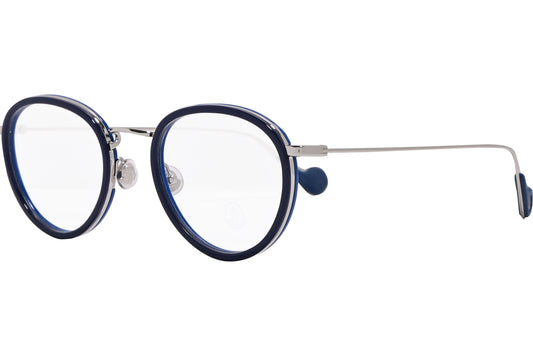 moncler round blue eyeglasses frame viewed from a 45-degree angle.