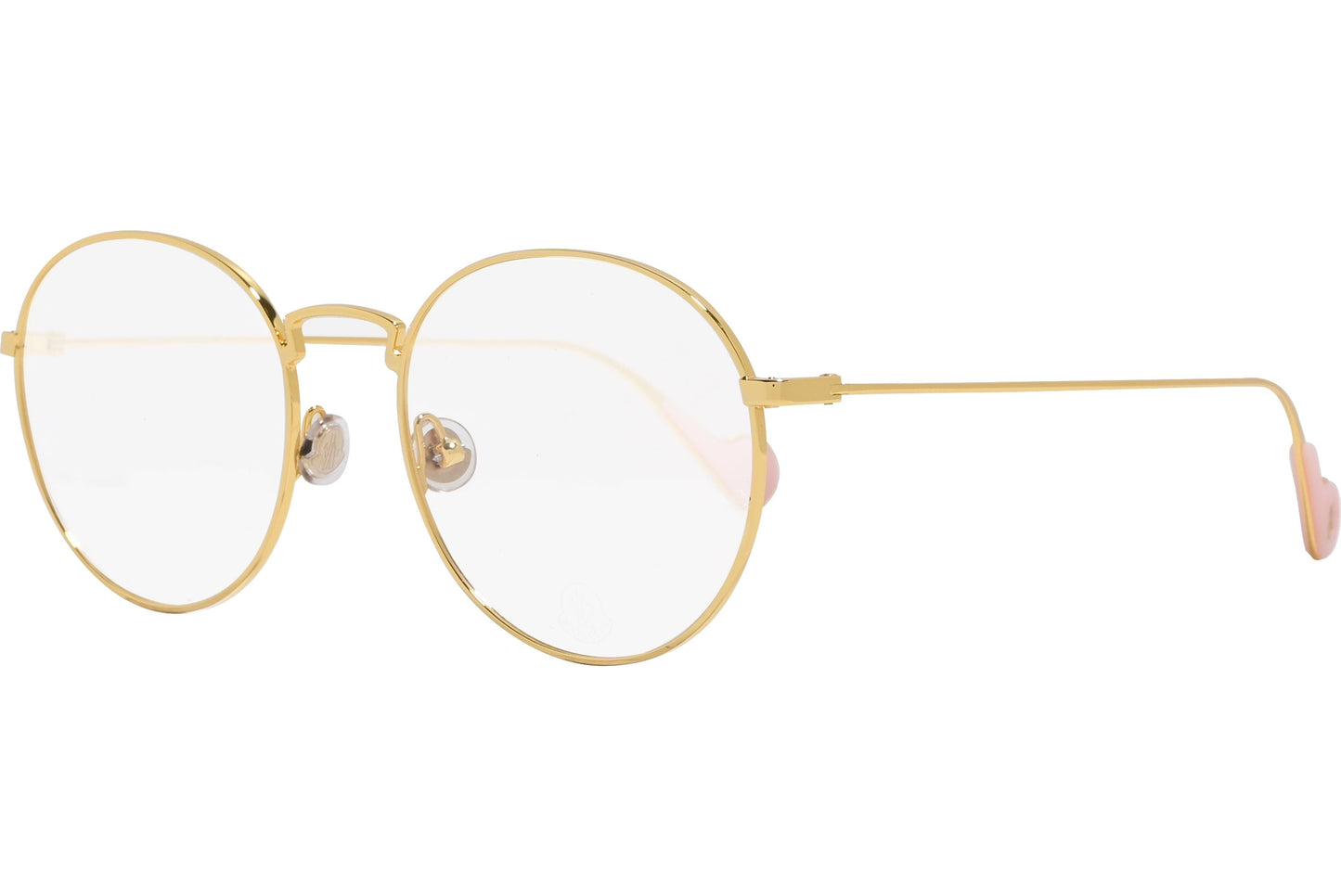 moncler round gold eyeglasses frame viewed from a 45-degree angle.