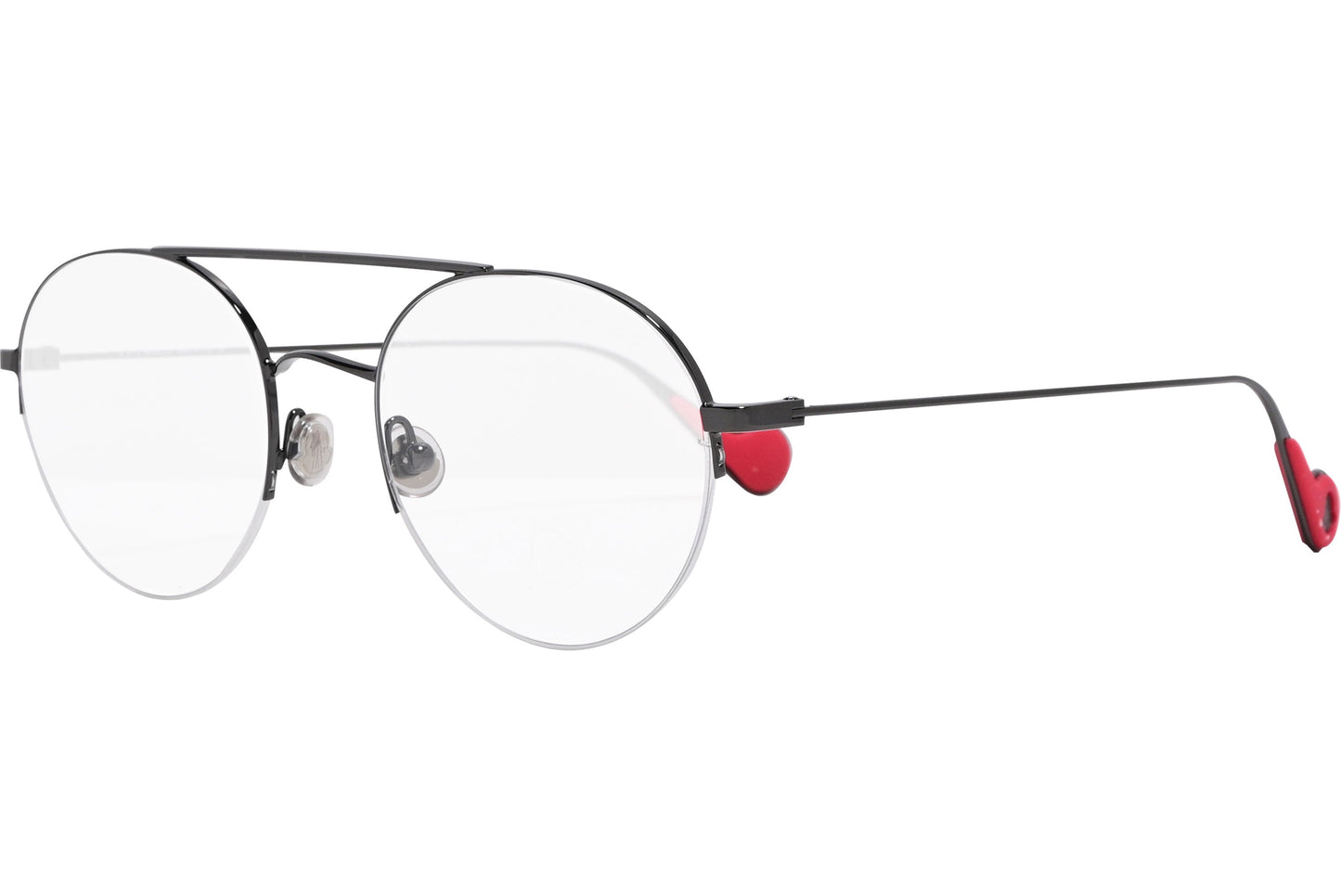 moncler round red eyeglasses frame viewed from a 45-degree angle.