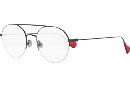 moncler round red eyeglasses frame viewed from a 45-degree angle.