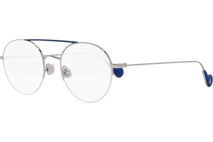 moncler round blue eyeglasses frame viewed from a 45-degree angle.