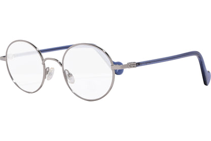 moncler round blue eyeglasses frame viewed from a 45-degree angle.