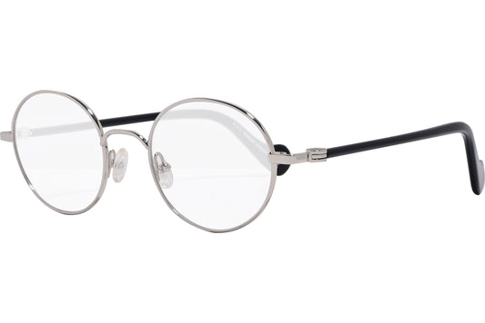 moncler round black eyeglasses frame viewed from a 45-degree angle.