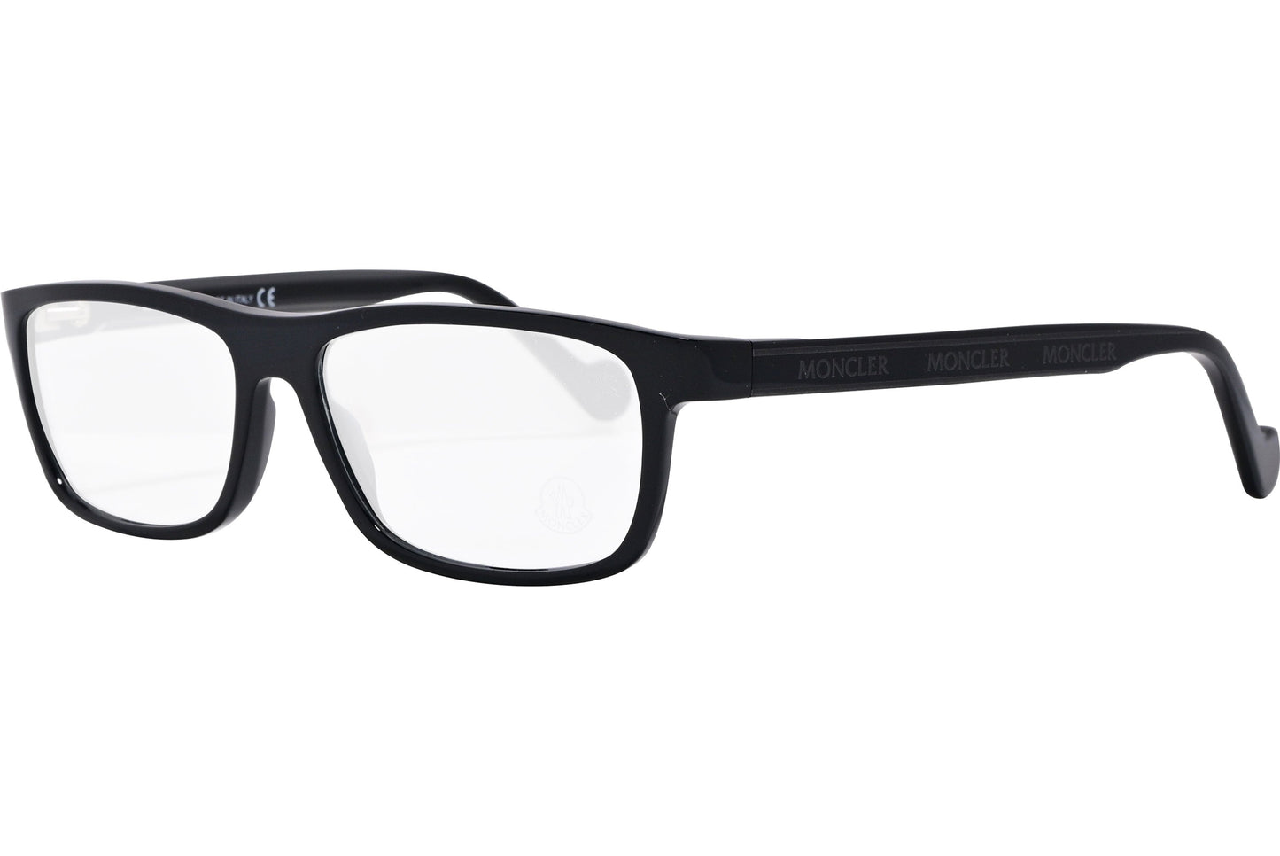 moncler rectangle black eyeglasses frame viewed from a 45-degree angle.