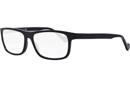 moncler rectangle black eyeglasses frame viewed from a 45-degree angle.