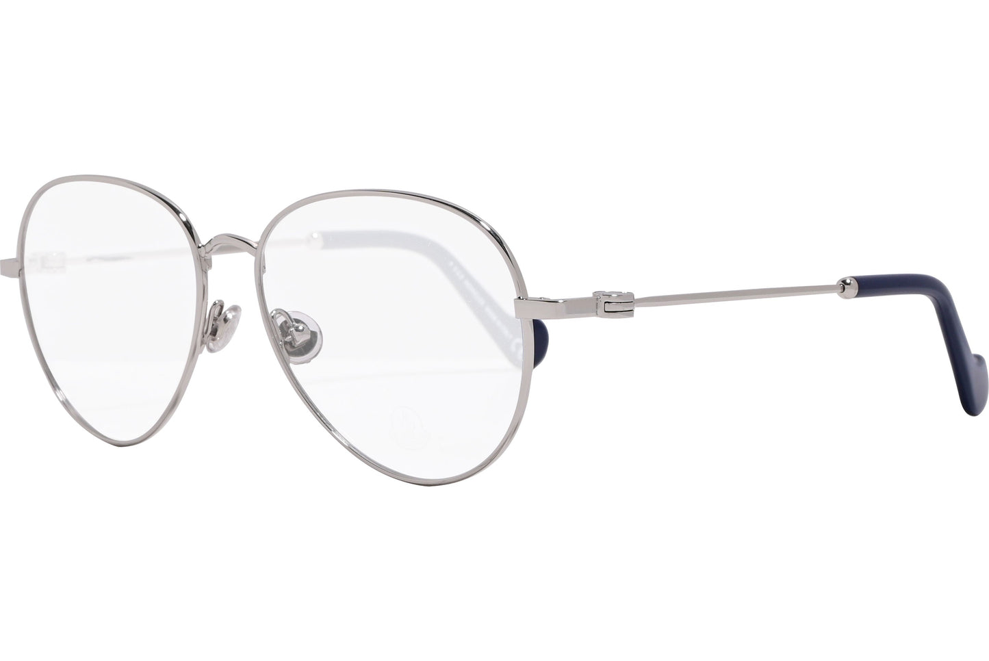 moncler aviator blue eyeglasses frame viewed from a 45-degree angle.