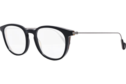 moncler round black eyeglasses frame viewed from a 45-degree angle.