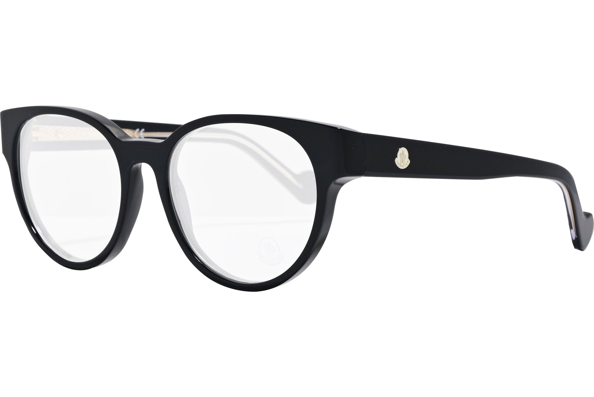 moncler oval black eyeglasses frame viewed from a 45-degree angle.