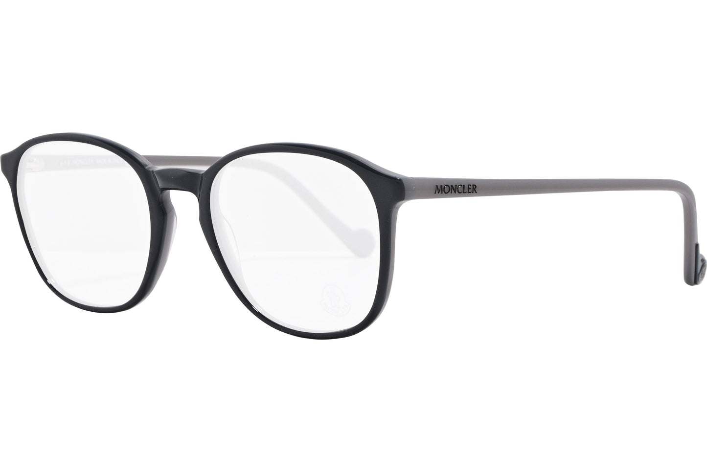 moncler rectangle black eyeglasses frame viewed from a 45-degree angle.