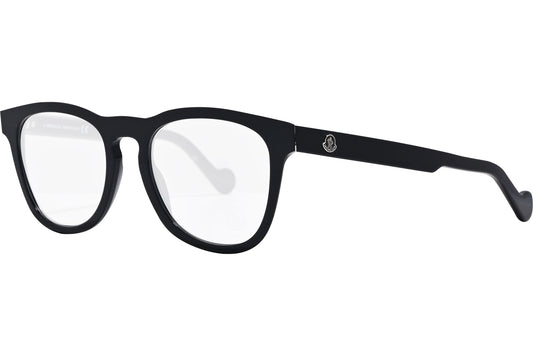 moncler rectangle black eyeglasses frame viewed from a 45-degree angle.