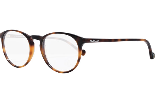 moncler oval tortoise eyeglasses frame viewed from a 45-degree angle.