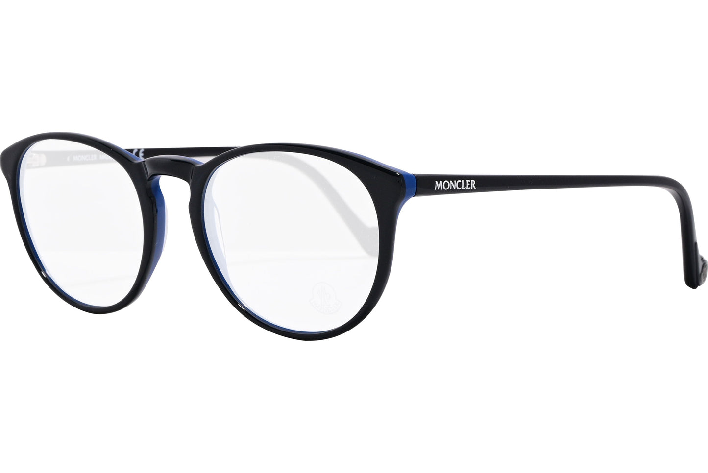 moncler oval black eyeglasses frame viewed from a 45-degree angle.