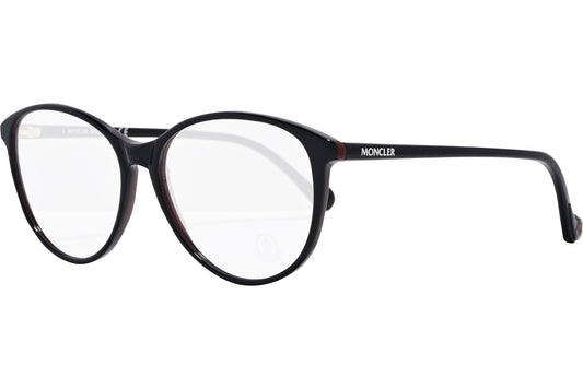 moncler oval black eyeglasses frame viewed from a 45-degree angle.