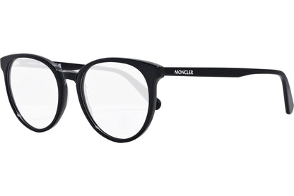 moncler oval black eyeglasses frame viewed from a 45-degree angle.