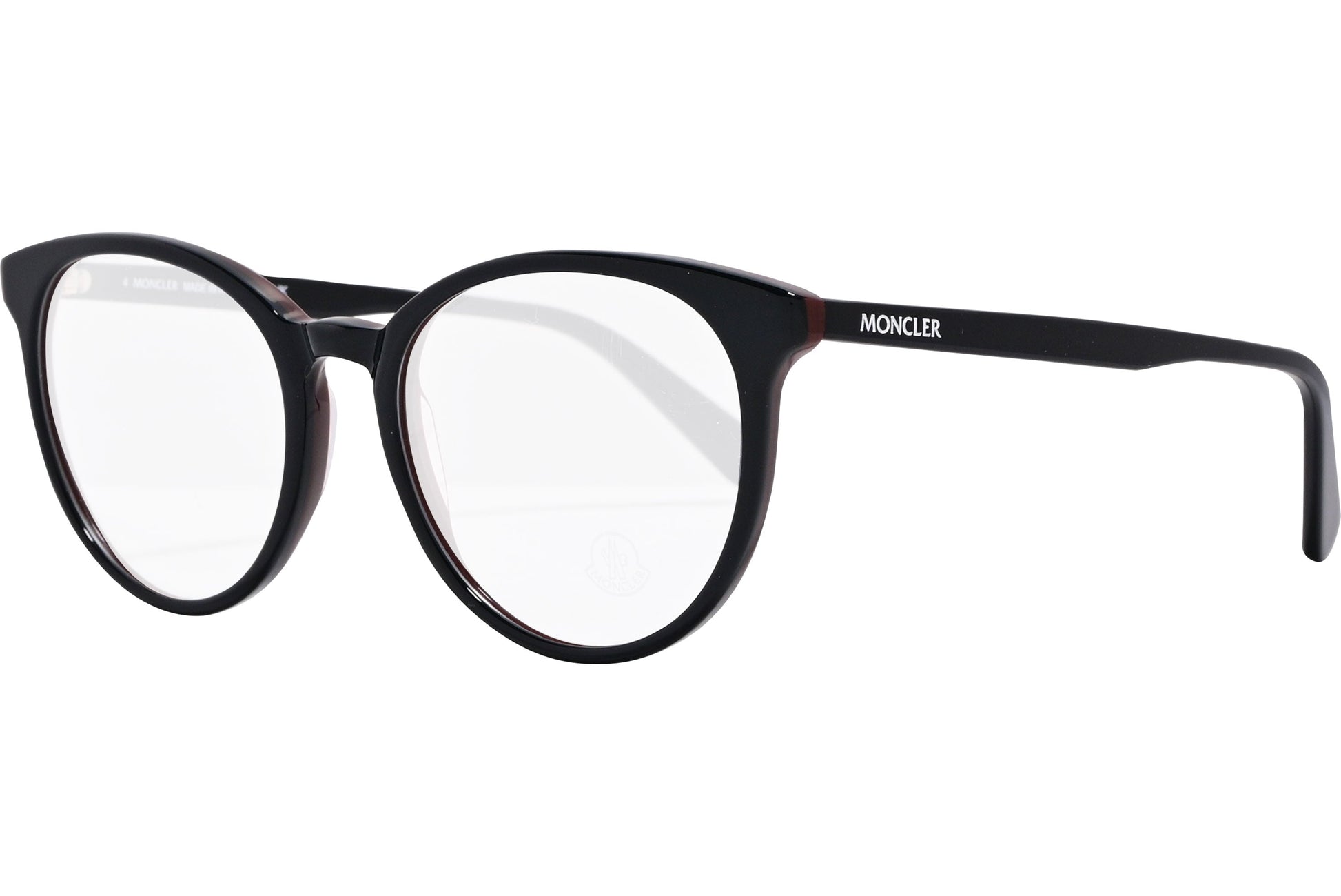 moncler oval black eyeglasses frame viewed from a 45-degree angle.