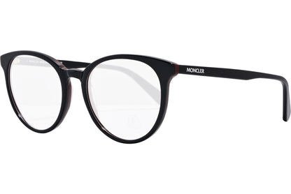 moncler oval black eyeglasses frame viewed from a 45-degree angle.